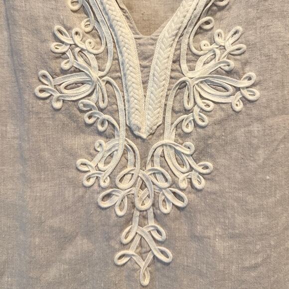 J.JILL 100% Linen Embroidered Split Neck 3/4 Bell-Sleeve Tunic Tan Cream Boho 1X - Picture 4 of 6